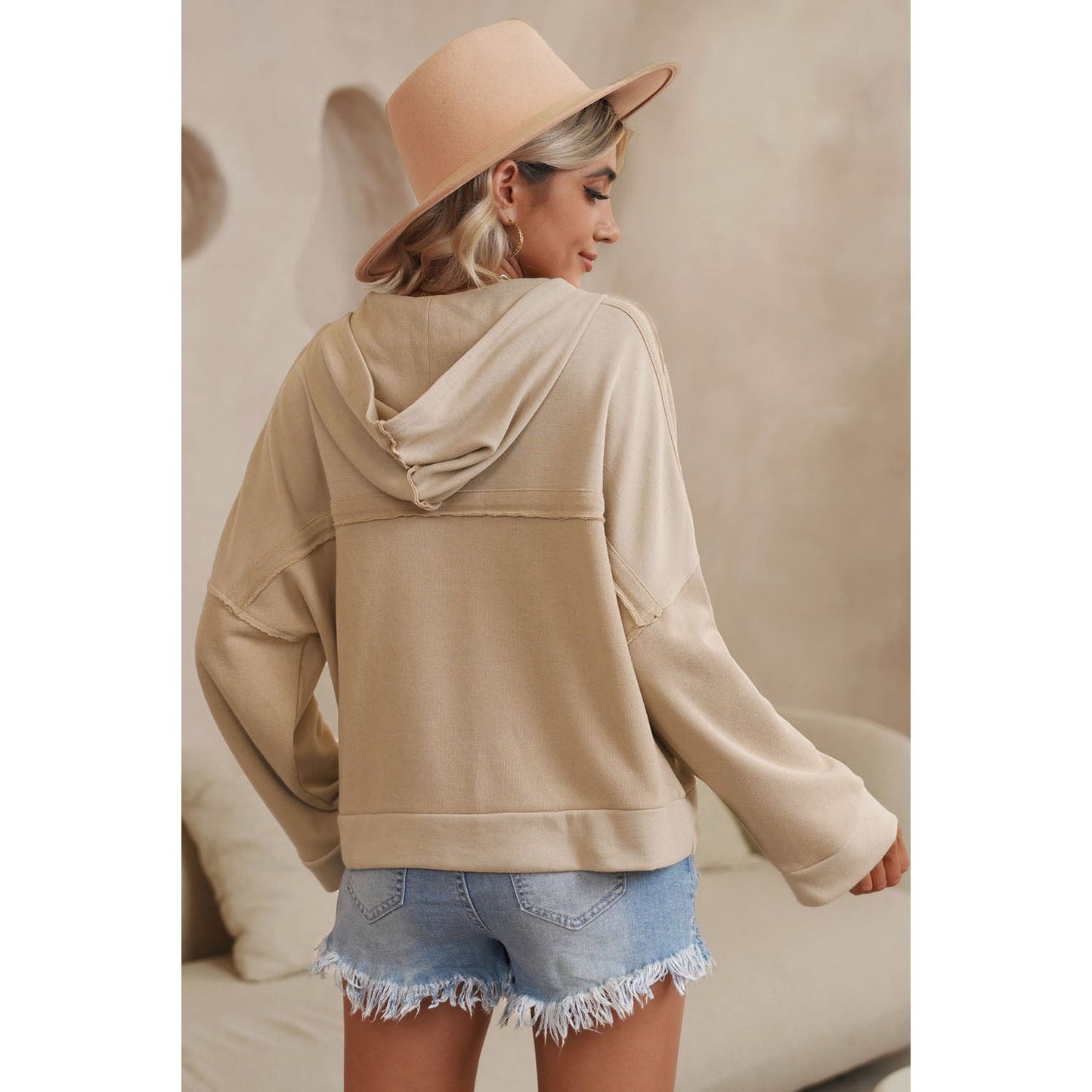 REDUCED!!! Theresa Khaki Casual Button Solid Patchwork Trim Hoodie REDUCED!!!