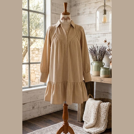 Madlin Brown Stripe Collared Neck Cuffed Long Sleeve Drop Waist Mini Dress