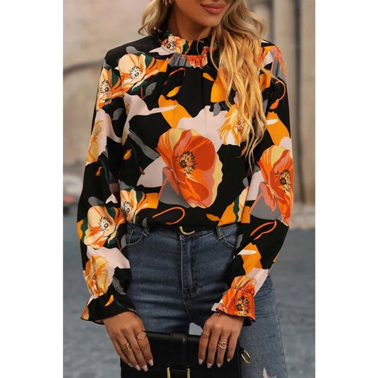 Paisley Floral Print Mock Neck Blouse