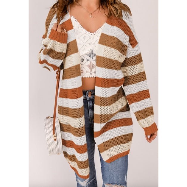 Henrietta Brown Striped Color Block Hollowed Knit Cardigan