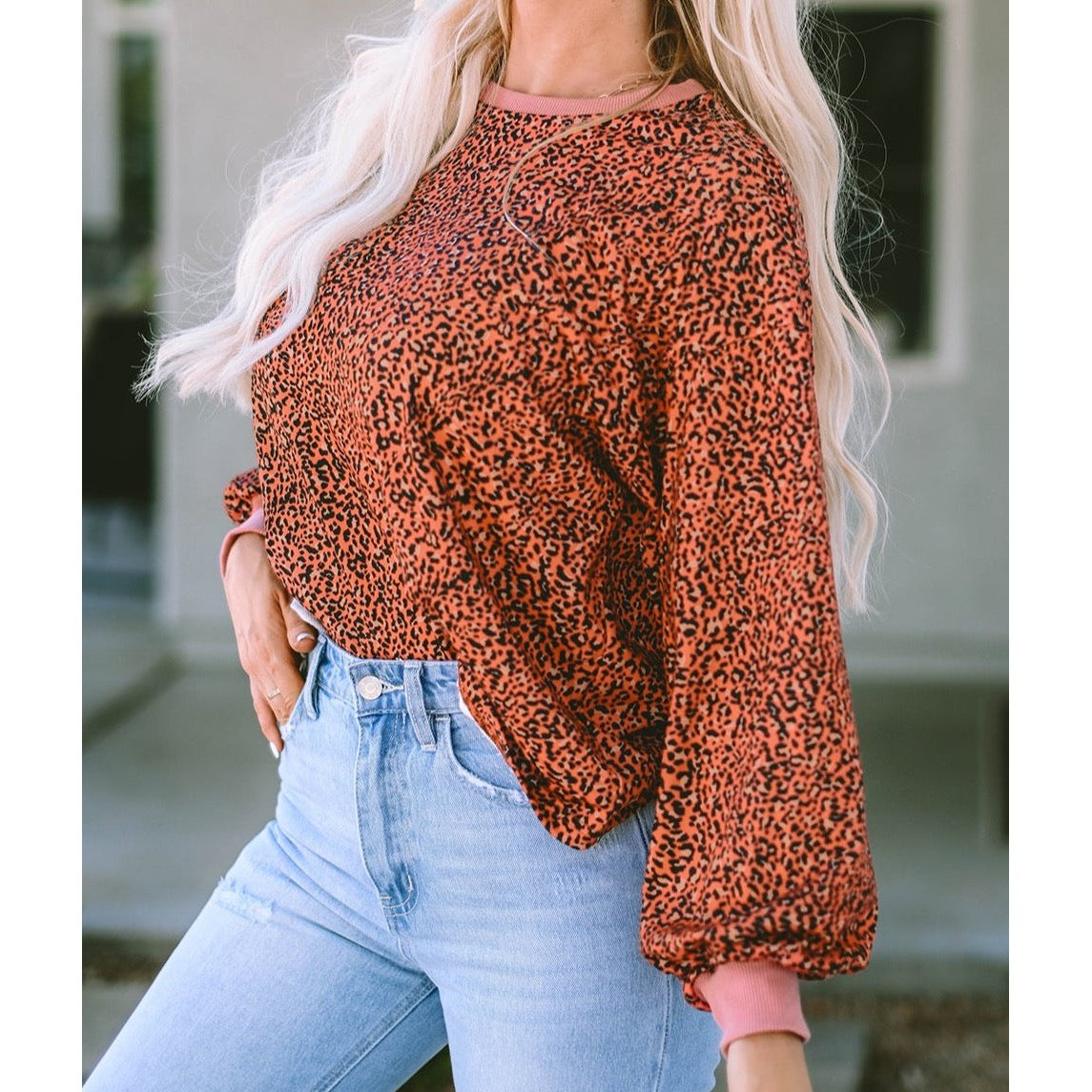 Graylynn Vintage Leopard Bubble Sleeve Pullover Sweatshirt