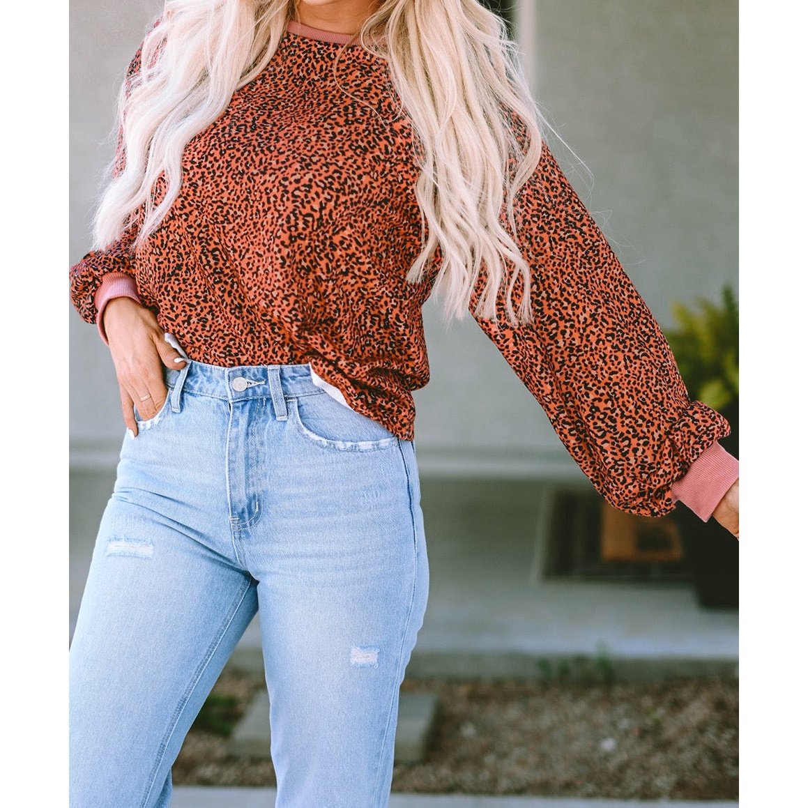 Graylynn Vintage Leopard Bubble Sleeve Pullover Sweatshirt