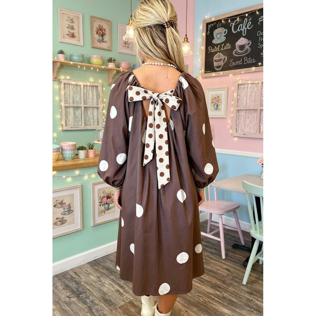 Stassie Brown Polka Dot Contrast Bow Knot Back Long Sleeve Midi Dress