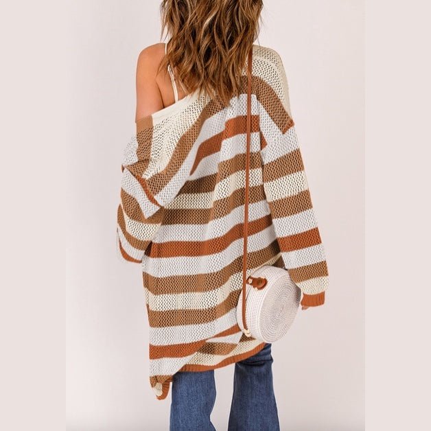 Henrietta Brown Striped Color Block Hollowed Knit Cardigan