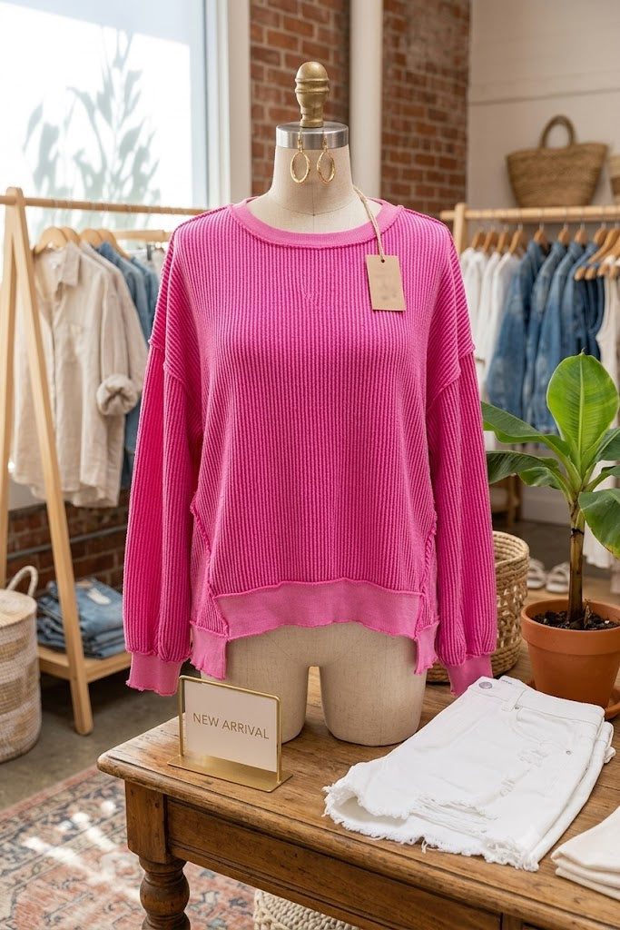 Sammie Pink Twisted Rib Uneven Hem Drop Shoulder Loose Knit Top