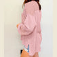 Desarae Pink Exposed Seam Patchwork Bubble Sleeve Waffle Knit Top