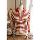 Sofia Red Striped Print Contrast Collar Zip V Neck Long Sleeve Top