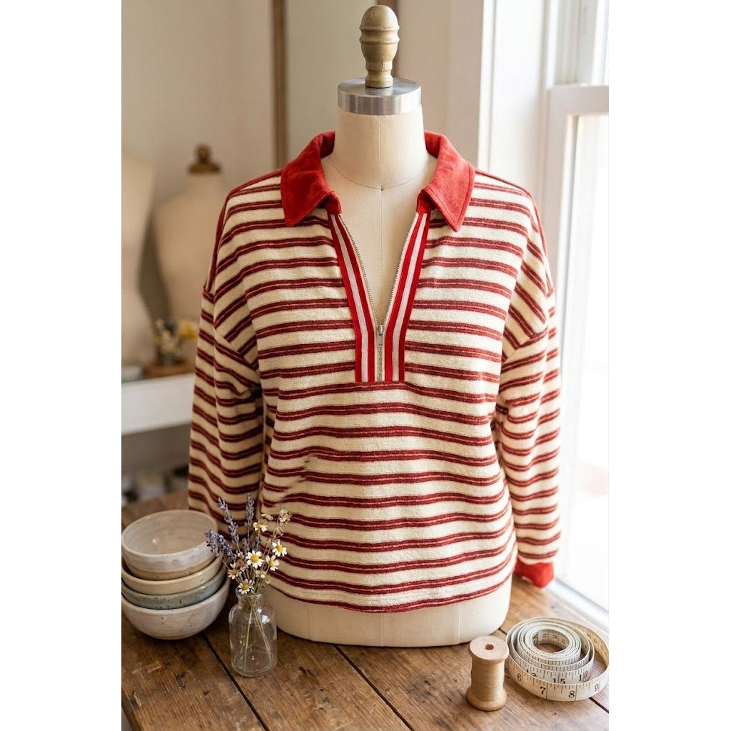 Sofia Red Striped Print Contrast Collar Zip V Neck Long Sleeve Top