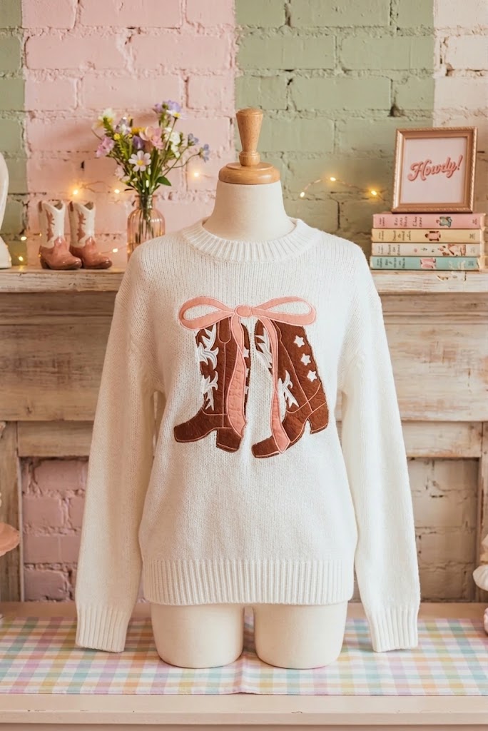 White Embroidered Bow Boots Graphic Drop Shoulder Sweater