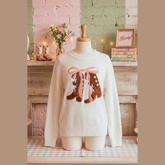 White Embroidered Bow Boots Graphic Drop Shoulder Sweater