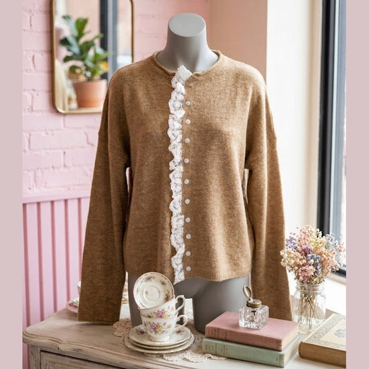 Brigetta Simply Taupe Contrast Frilled Lace Trim Loose Cardigan Sweater