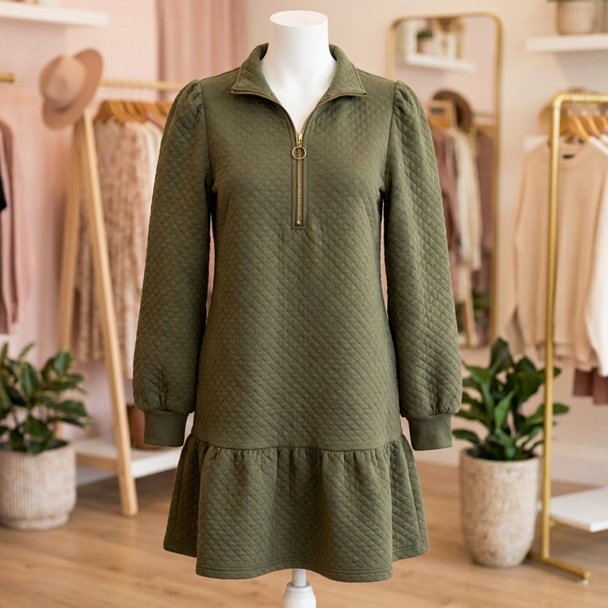 Ophelia Jungle Green Quarter Zip Collar Bracelet Sleeve Textured Mini Dress