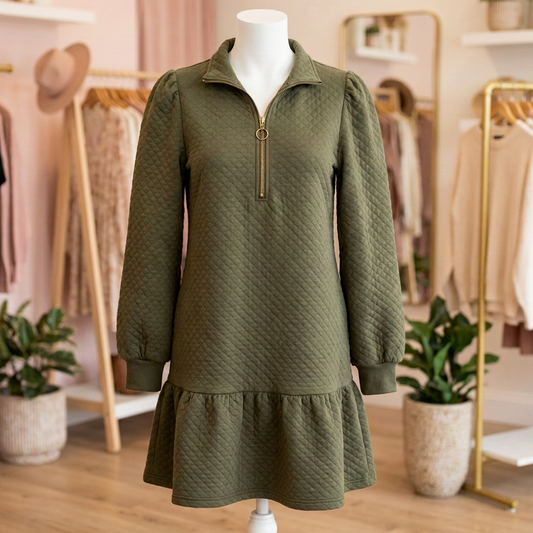 Ophelia Jungle Green Quarter Zip Collar Bracelet Sleeve Textured Mini Dress
