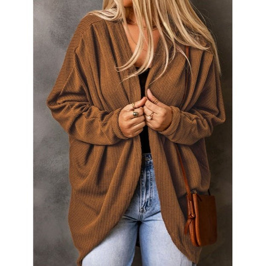 Cardi Brown Waffle Knit Open Front Rounded Hem Cardigan