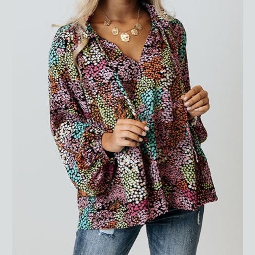 Jenna Multicolor Vibrant Floral Tie V Neck Puff Sleeve Blouse