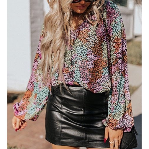 Jenna Multicolor Vibrant Floral Tie V Neck Puff Sleeve Blouse