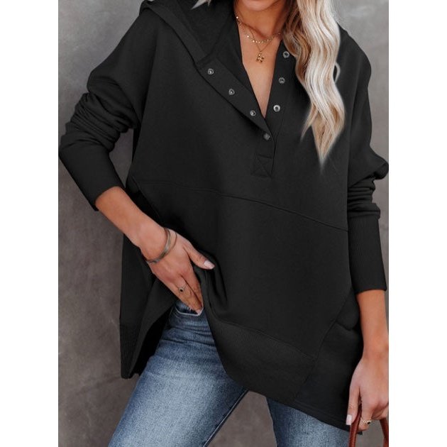 DESTASH Jayla Black Batwing Sleeve Pocketed Henley Hoodie