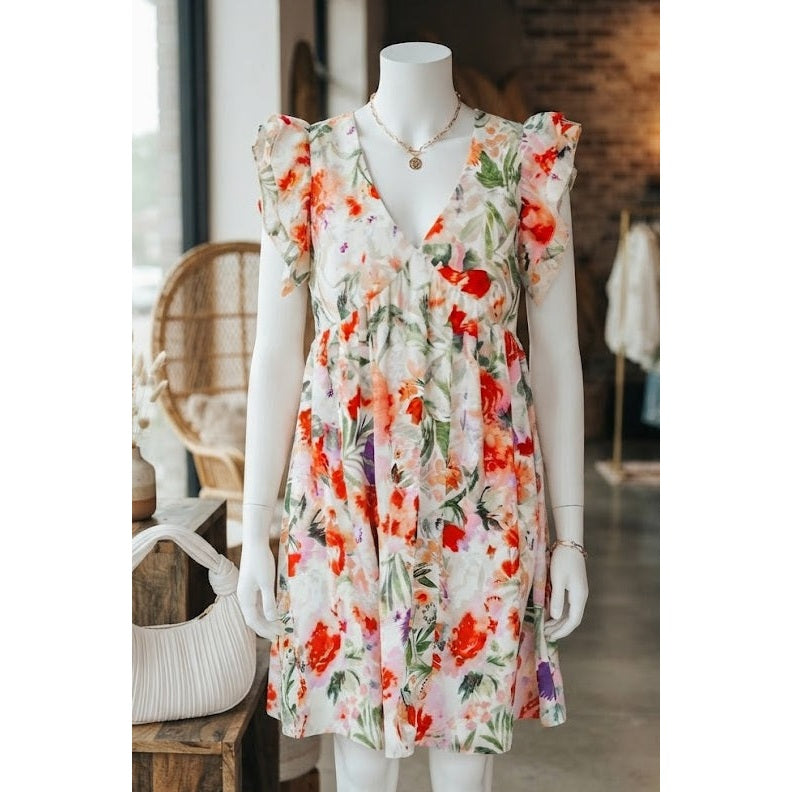 SALE!!!  Deany Pink Floral Double Ruffle Sleeve V Neck High Waist Mini Dress
