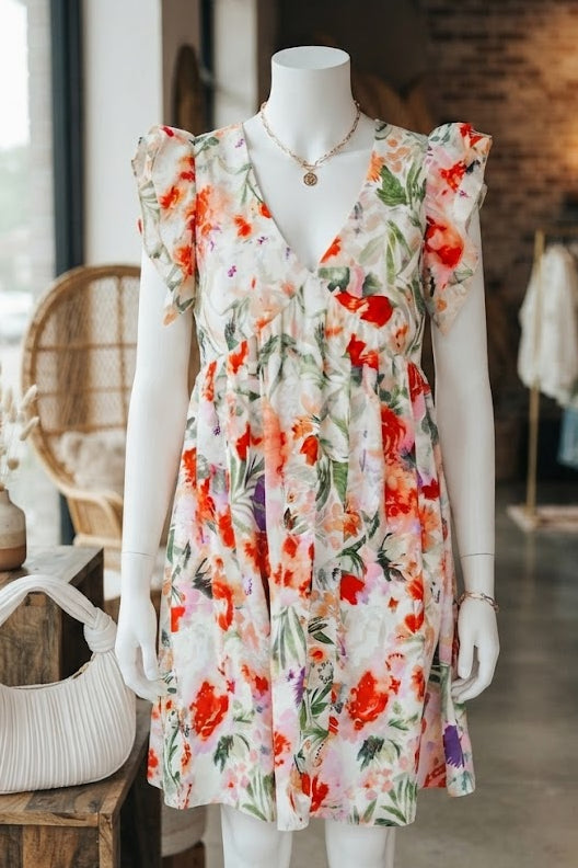SALE!!!  Deany Pink Floral Double Ruffle Sleeve V Neck High Waist Mini Dress