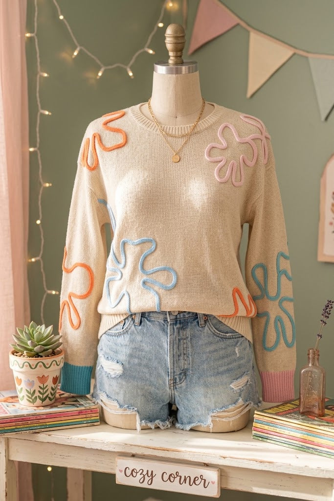 Heidi Flower Detail Colorblock Cuffed Loose Sweater