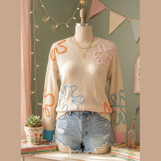 Heidi Flower Detail Colorblock Cuffed Loose Sweater