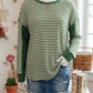 Arianna Green Stripe Thermal Knit Drop Shoulder Casual Top