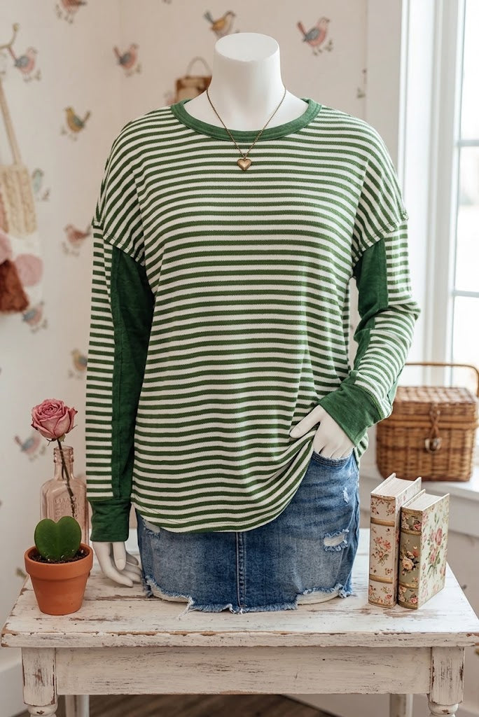 Arianna Green Stripe Thermal Knit Drop Shoulder Casual Top