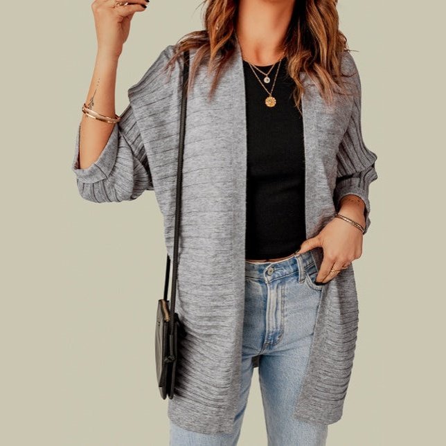 Chanda Grey Ribbed Open Front Knit Cardigan