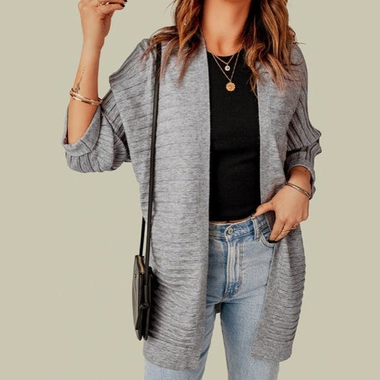 Chanda Grey Ribbed Open Front Knit Cardigan