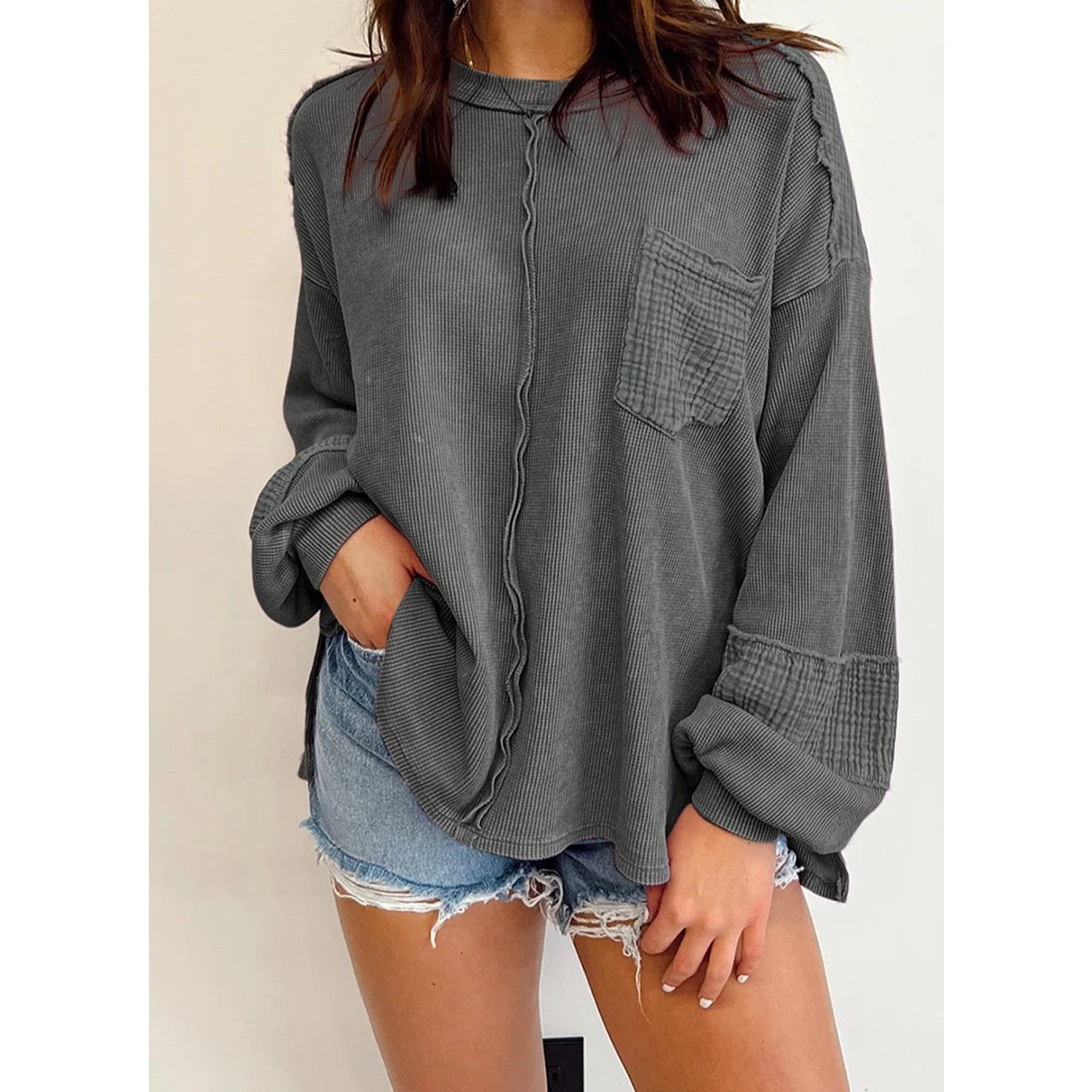 Desarae Grey Exposed Seam Patchwork Bubble Sleeve Waffle Knit Top