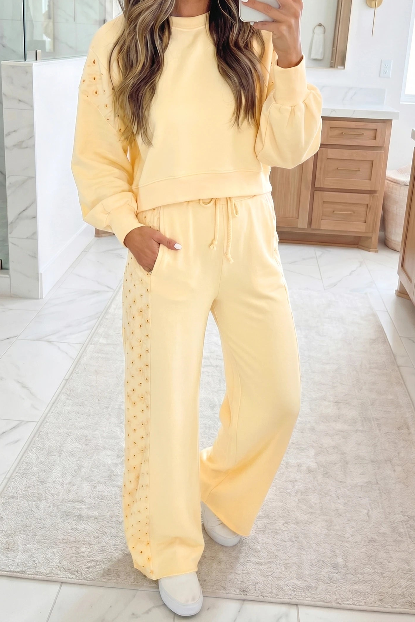 Fiona Yellow Cream Eyelet Embroidered Lace Patchwork Cropped Pullover Drawstring Pants Set