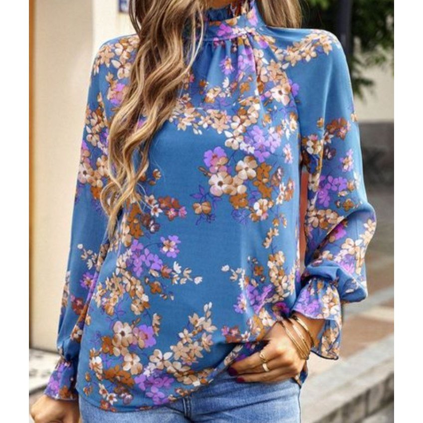 DESTASH Joslin Blue Long Sleeve Floral Blouse