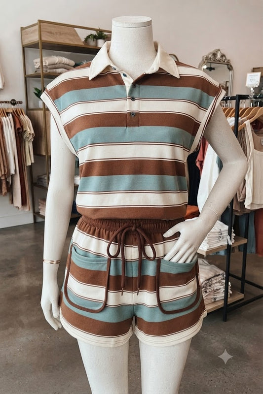 SALE!!!  Wynonna Stripe Button Polo Collar Tee Drawstring Elastic Waist Patchwork 2pcs Short Set