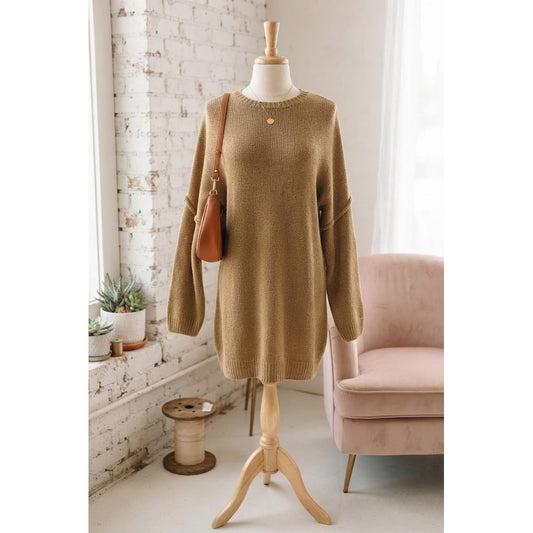 Eva Pale Khaki Oversize Drop Shoulder Slouchy Sweater Dress