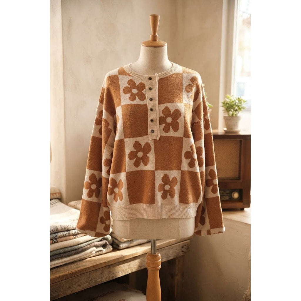 Gloria Brown Flower Plaid Henley Baggy Sweater