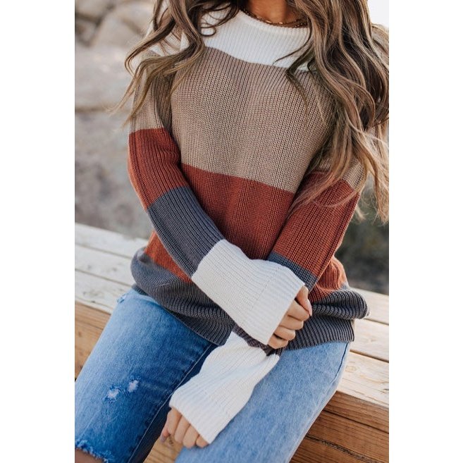 June Rust Color Block Knitted O-neck Pullover Sweater