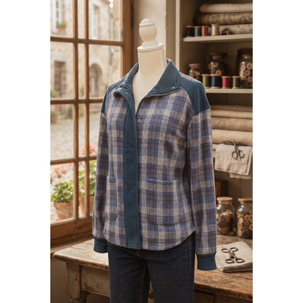 Dione Plaid Corduroy Patchwork Collared Zip Up Snap Button Jacket