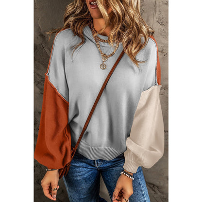 Junee Grey Colorblock Bishop Sleeve Ribbed Trim Sweater