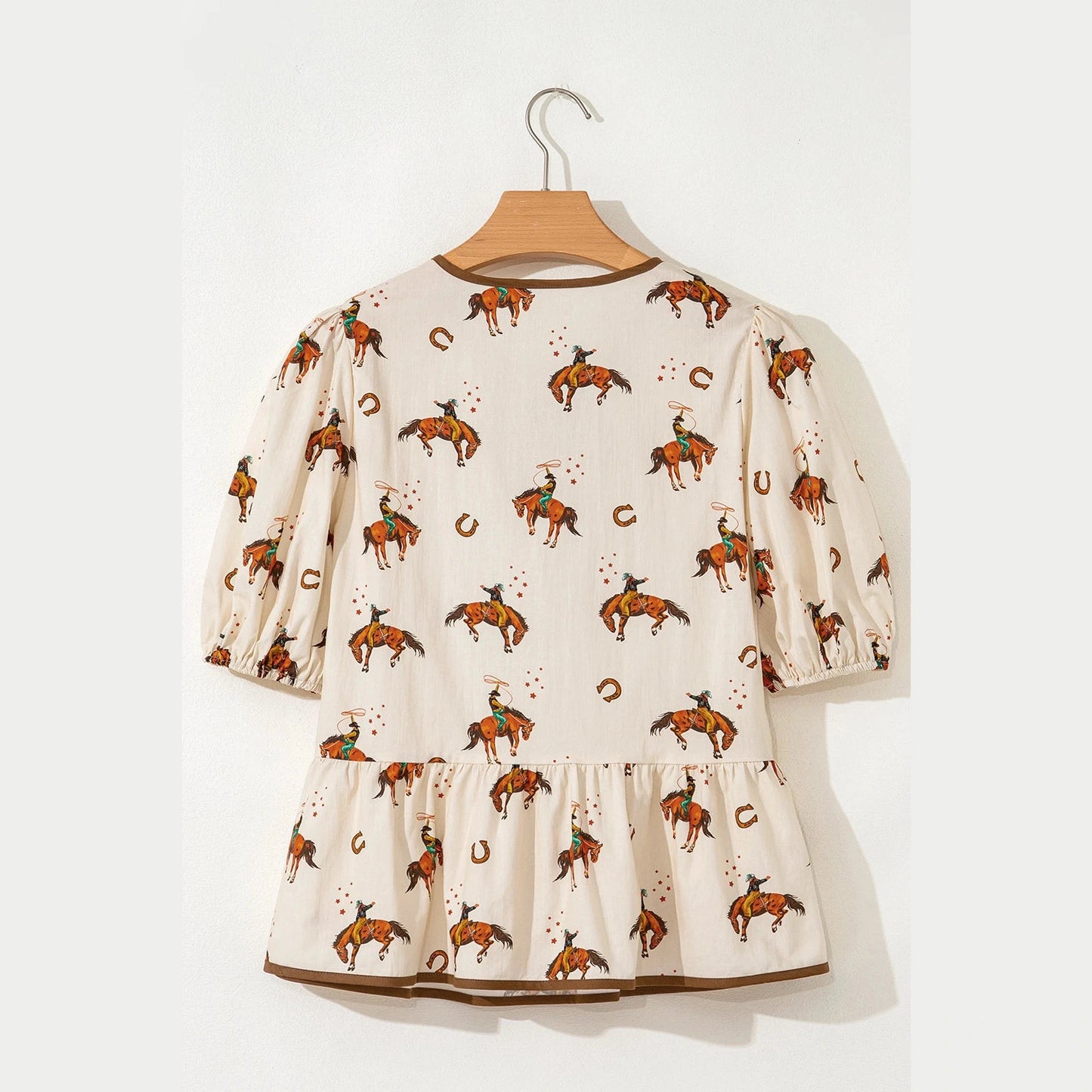 Cowboy Print Puff Sleeve Bowknot Peplum Blouse