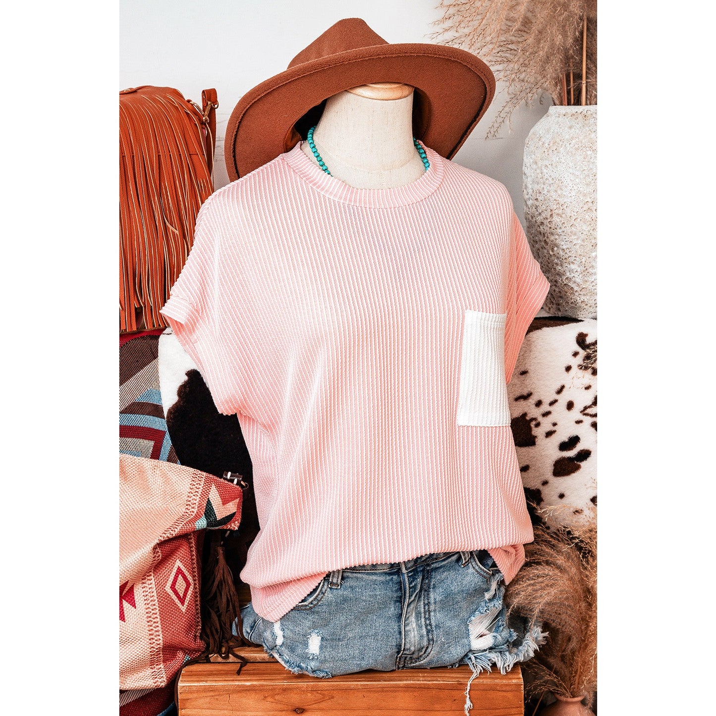 Noelle Pink Corded Knit Color Block Pocketed Crew Neck T Shirt
