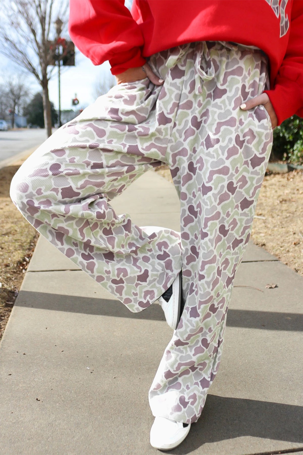 Madison Green Camo Print Drawstring Waist Loose Fit Full Length Pants