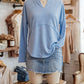 Remy Blue Notched Neck Terry Raw Hem Long Sleeve Top