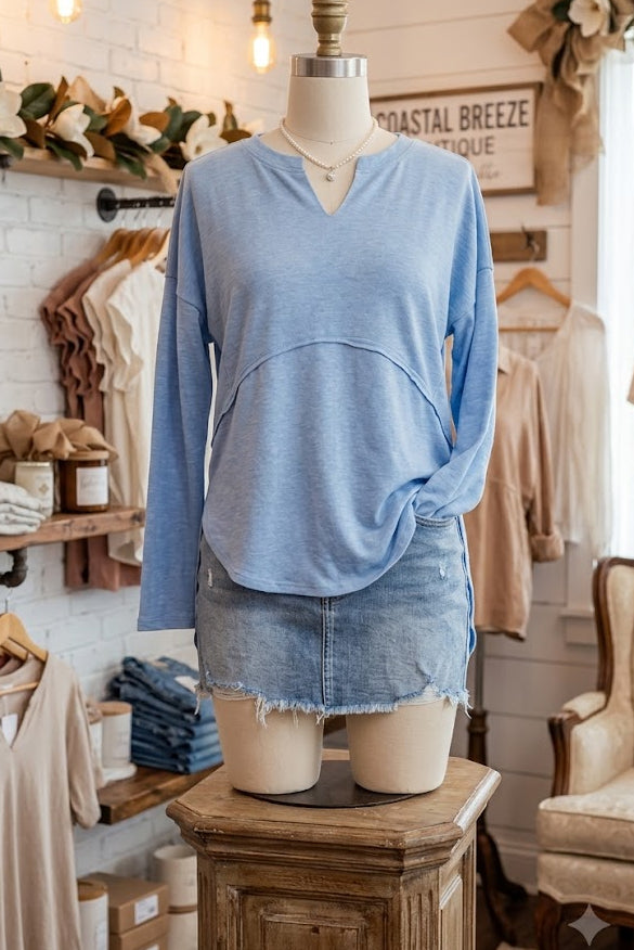 Remy Blue Notched Neck Terry Raw Hem Long Sleeve Top