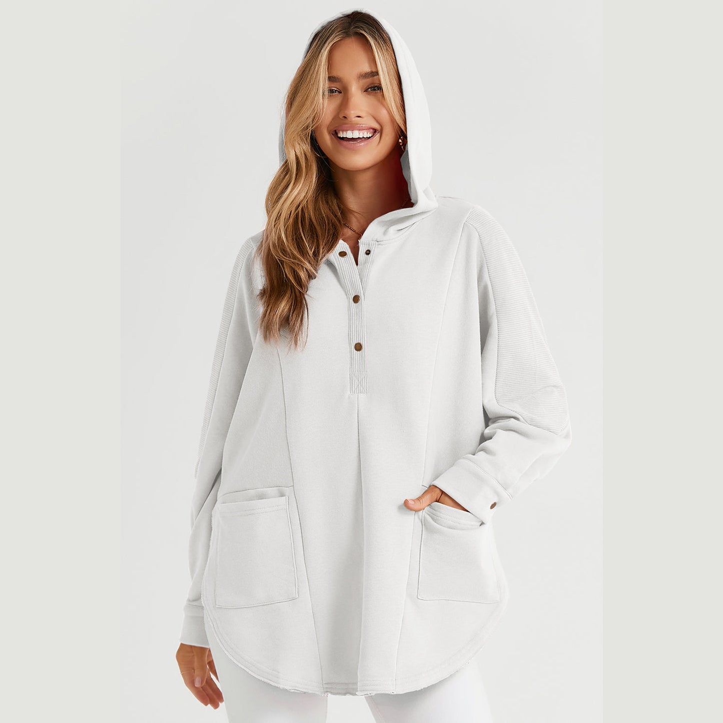 Dollie White Patchwork Side Pockets Oversized Henley Hoodie