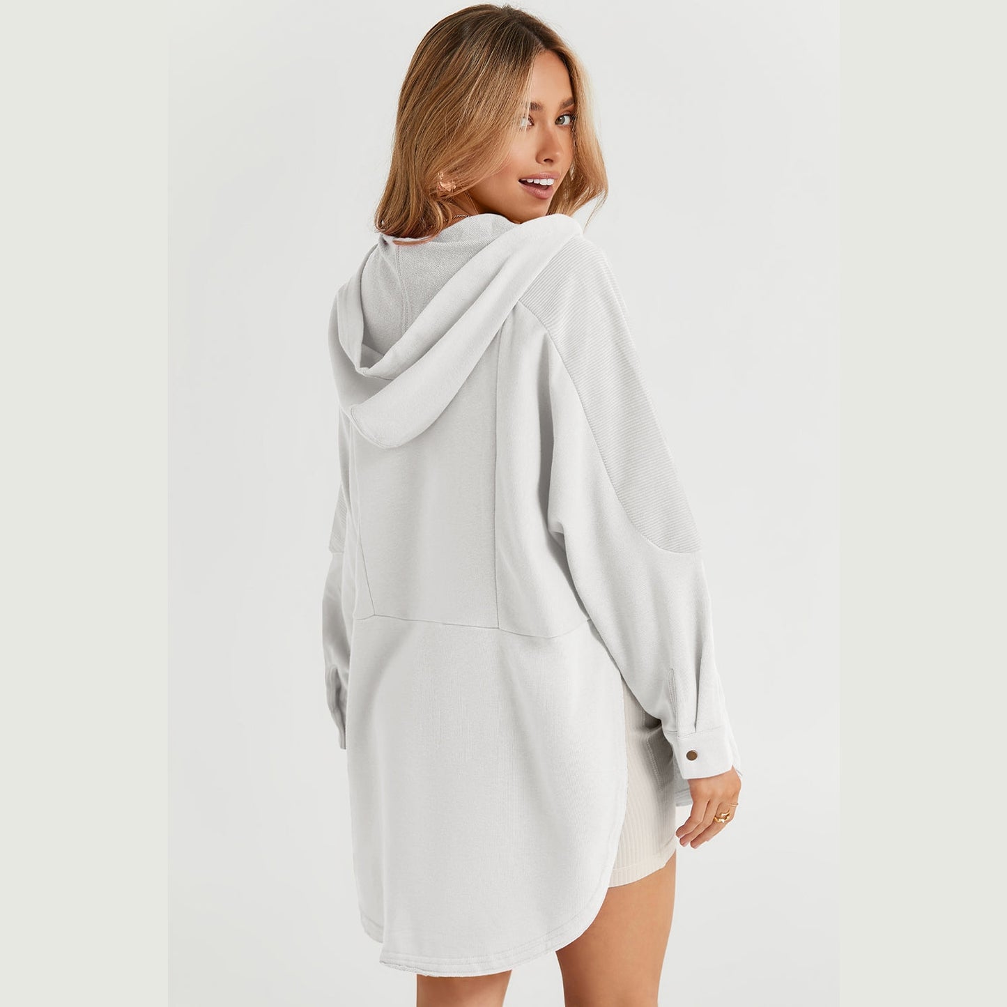 Dollie White Patchwork Side Pockets Oversized Henley Hoodie