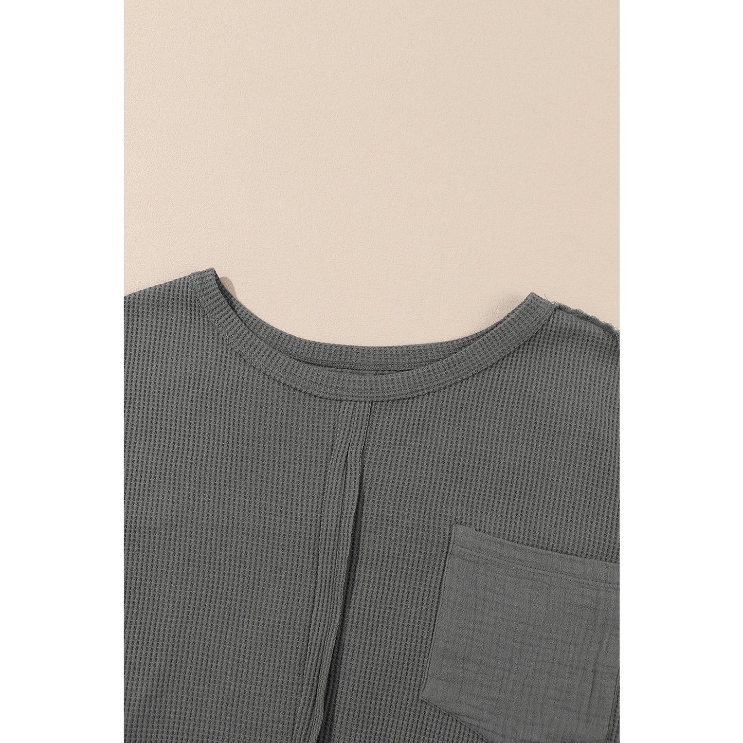 Desarae Grey Exposed Seam Patchwork Bubble Sleeve Waffle Knit Top