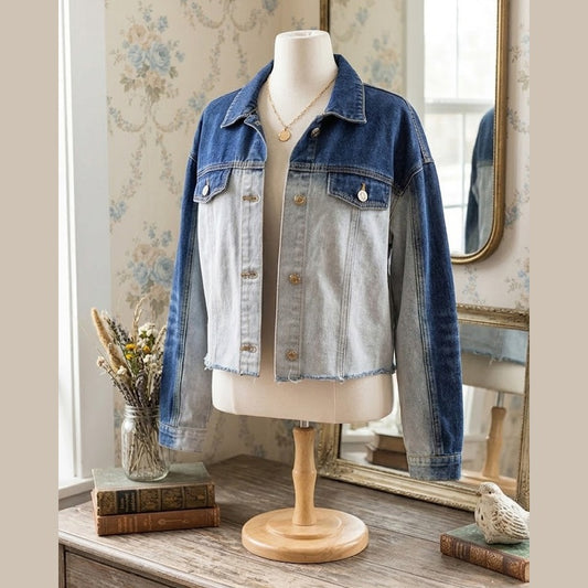 Devita Dusk Blue Color Block Patchwork Flap Detail Distress Denim Jacket