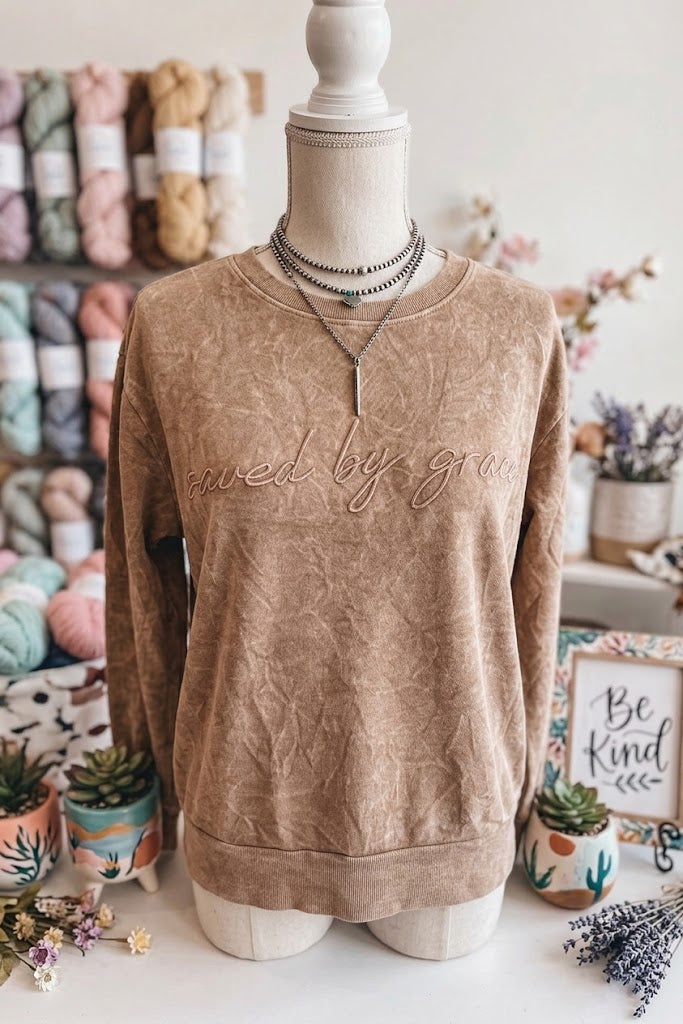 Saved By Grace Brown Letter Embroidery Mineral Wash Loose Sweatshirt