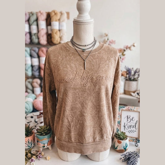 Saved By Grace Brown Letter Embroidery Mineral Wash Loose Sweatshirt