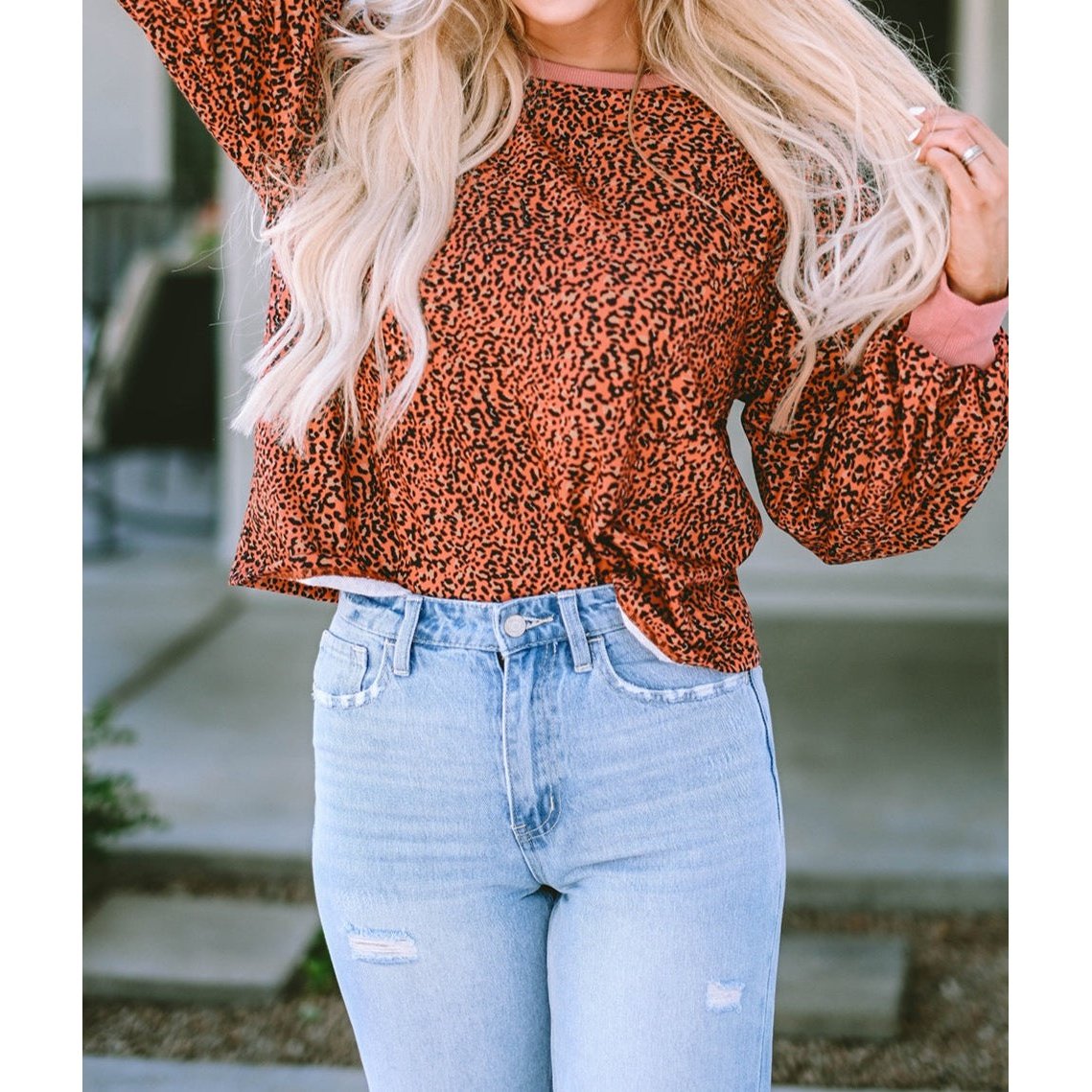 Graylynn Vintage Leopard Bubble Sleeve Pullover Sweatshirt